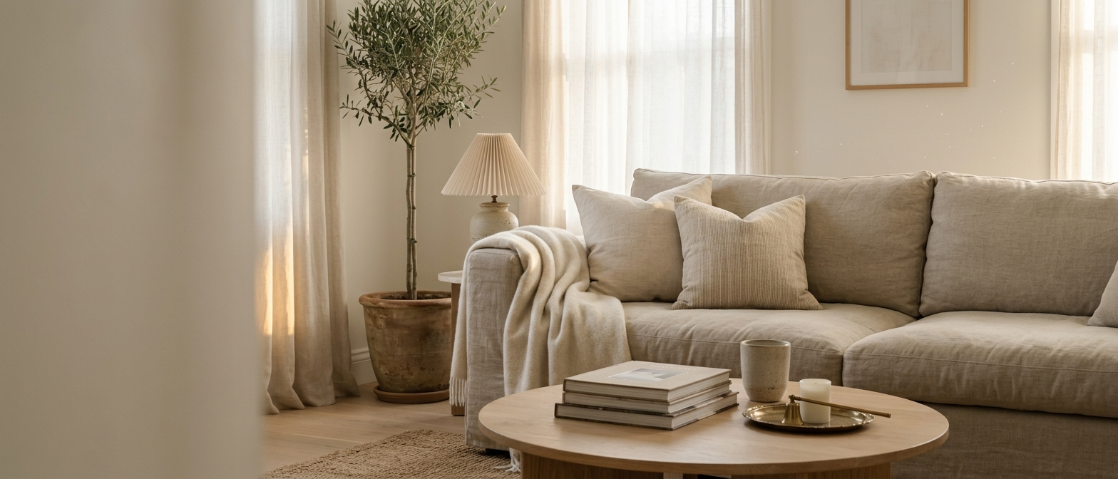 A layered living room — throws, candles, a rug that anchors.