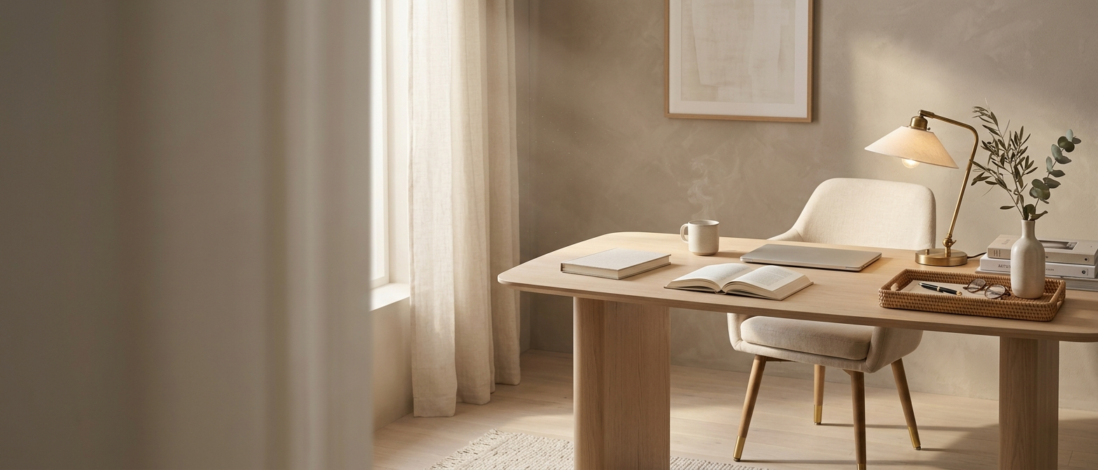 A calm home office — wood desk, warm lamp, considered tools.