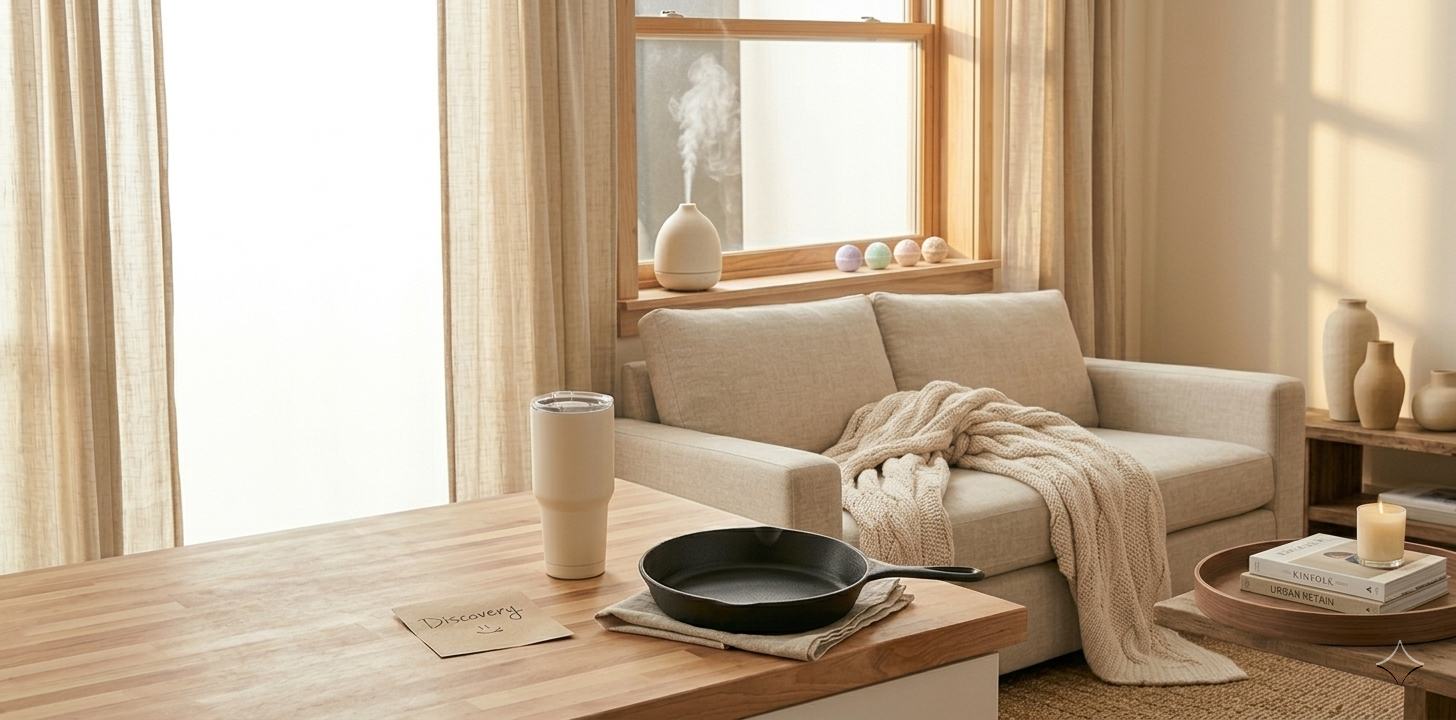 A kitchen counter styled with a Stanley tumbler, ceramic mugs, a stone diffuser, and a folded weighted blanket nearby.