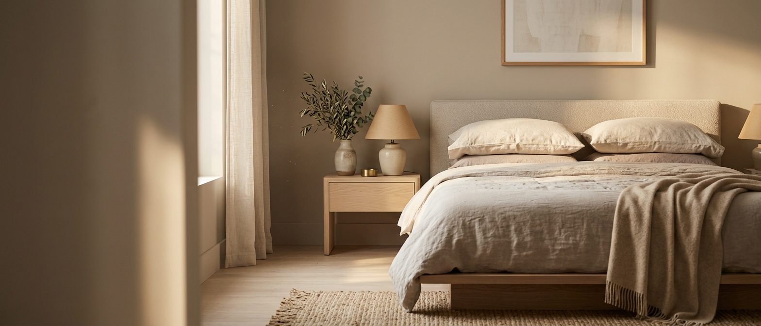A calm bedroom scene — soft linen, warm light, layered textures.