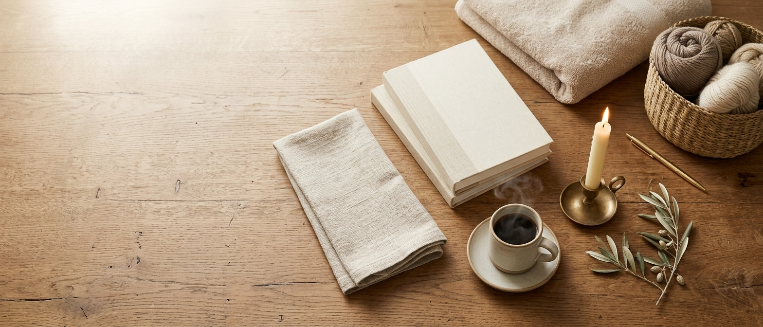 A curated mix of staples — softly lit interiors, warm neutrals, and clean lines.