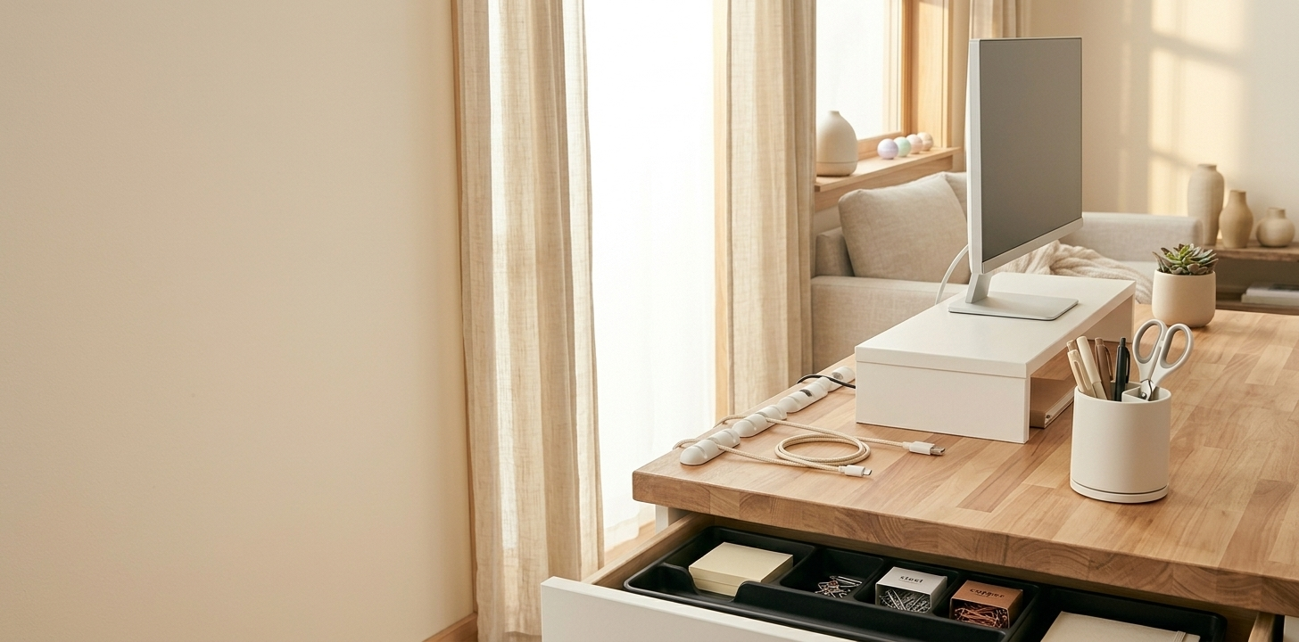 A clean home office desk with a monitor on a wood riser, organized cables, a 360 pen organizer, and a small plant.