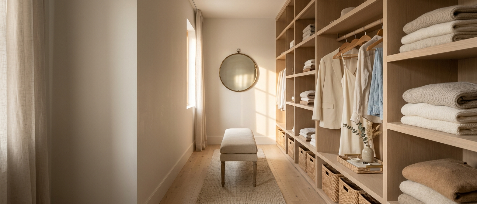 An organized closet — velvet hangers, woven baskets, neat lines.