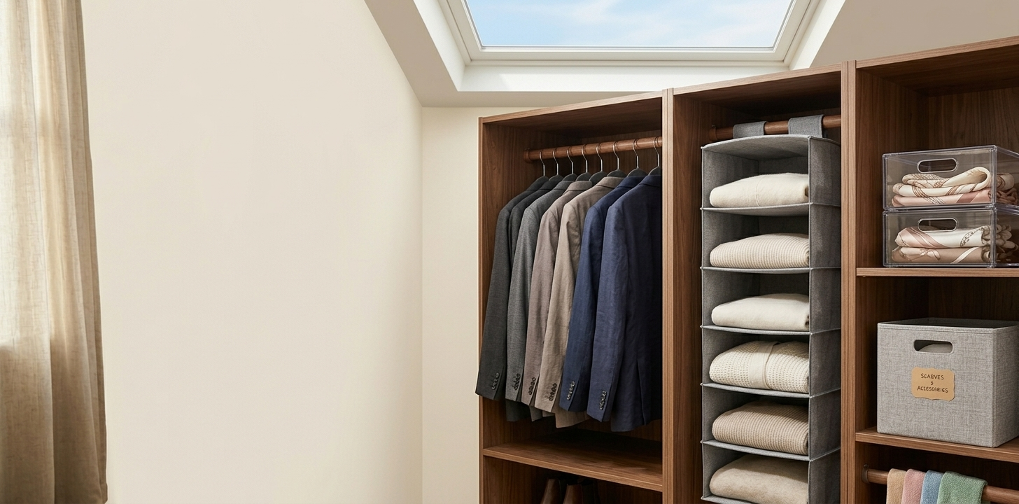 A neutral closet interior with velvet hangers, fabric storage cubbies, and folded sweaters in clear bins.