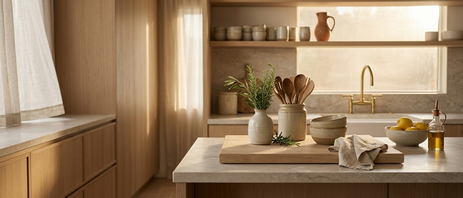 A warm kitchen — wood boards, simple ceramics, daily-use tools.