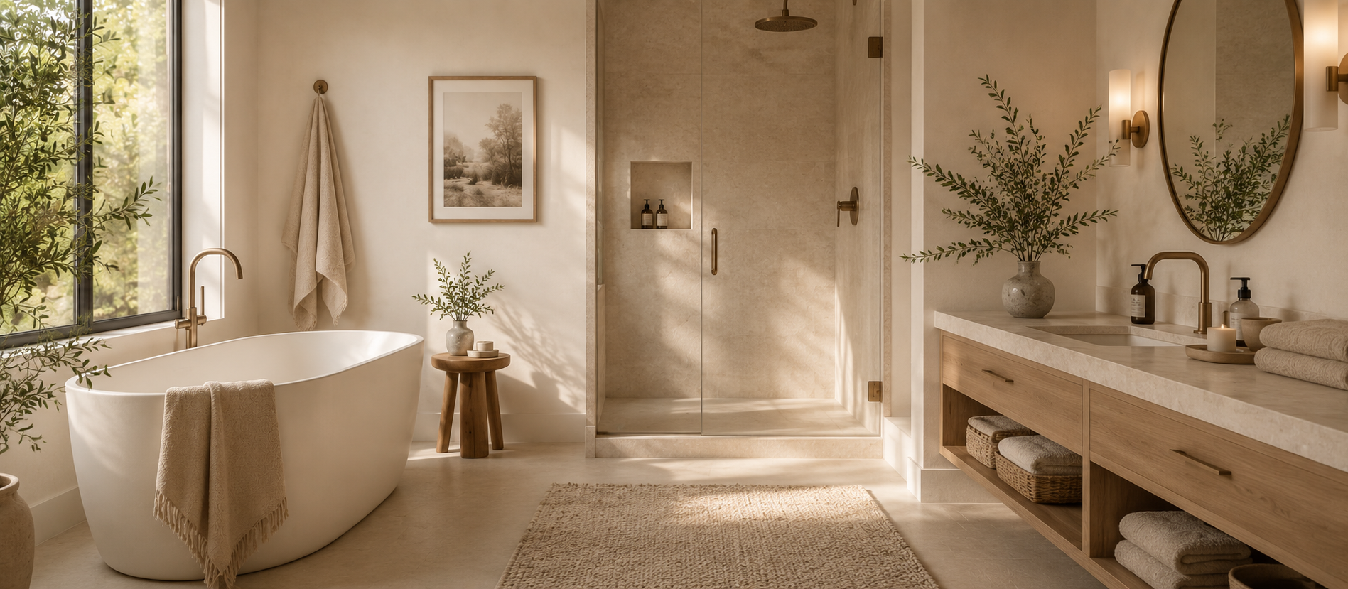 A serene bathroom scene — soft tones, clean lines, warm textures.