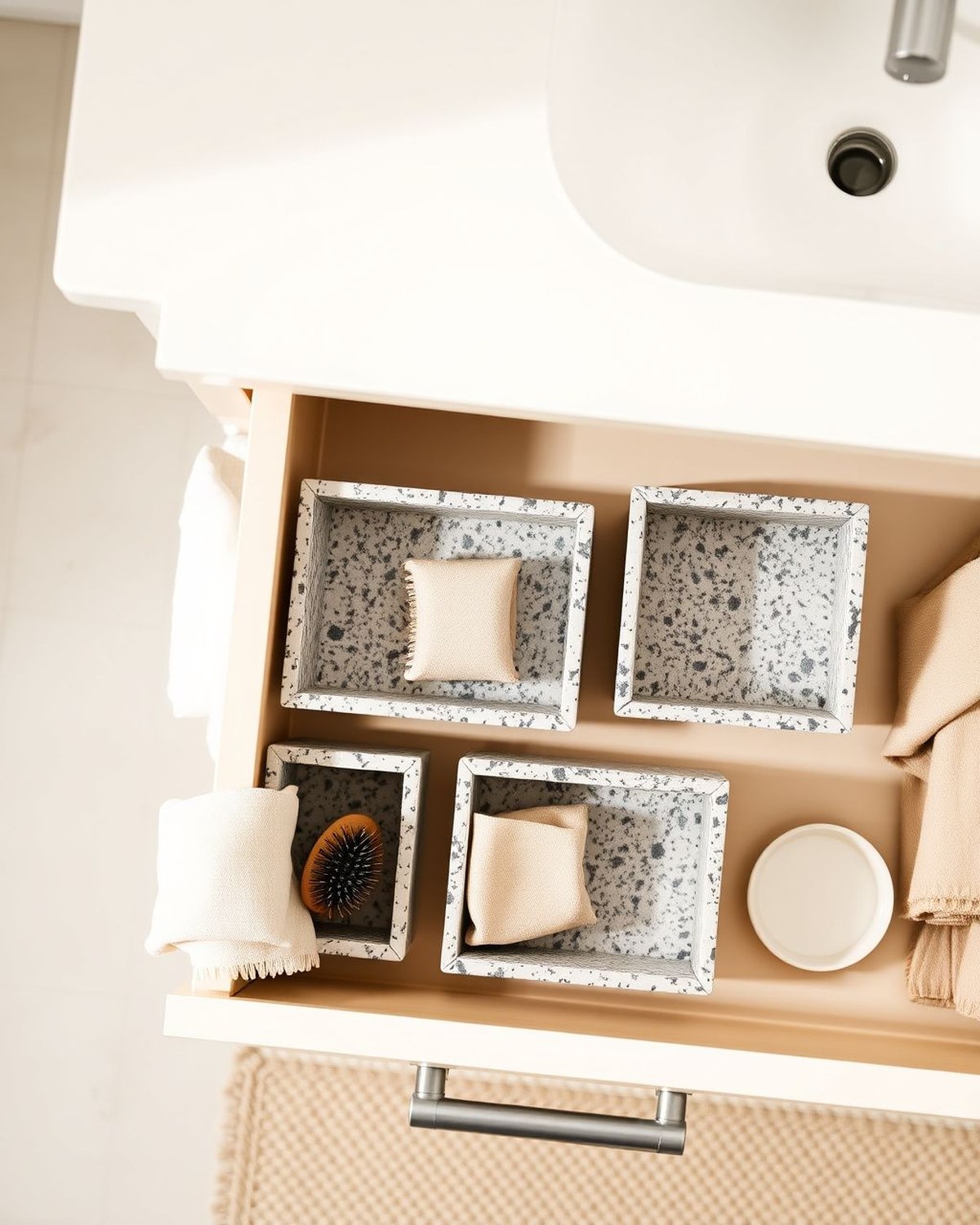 Three flat granite-color plastic drawer bins (small, medium, large) with soft-grip rubber bottoms and non-slip feet, shown nested.