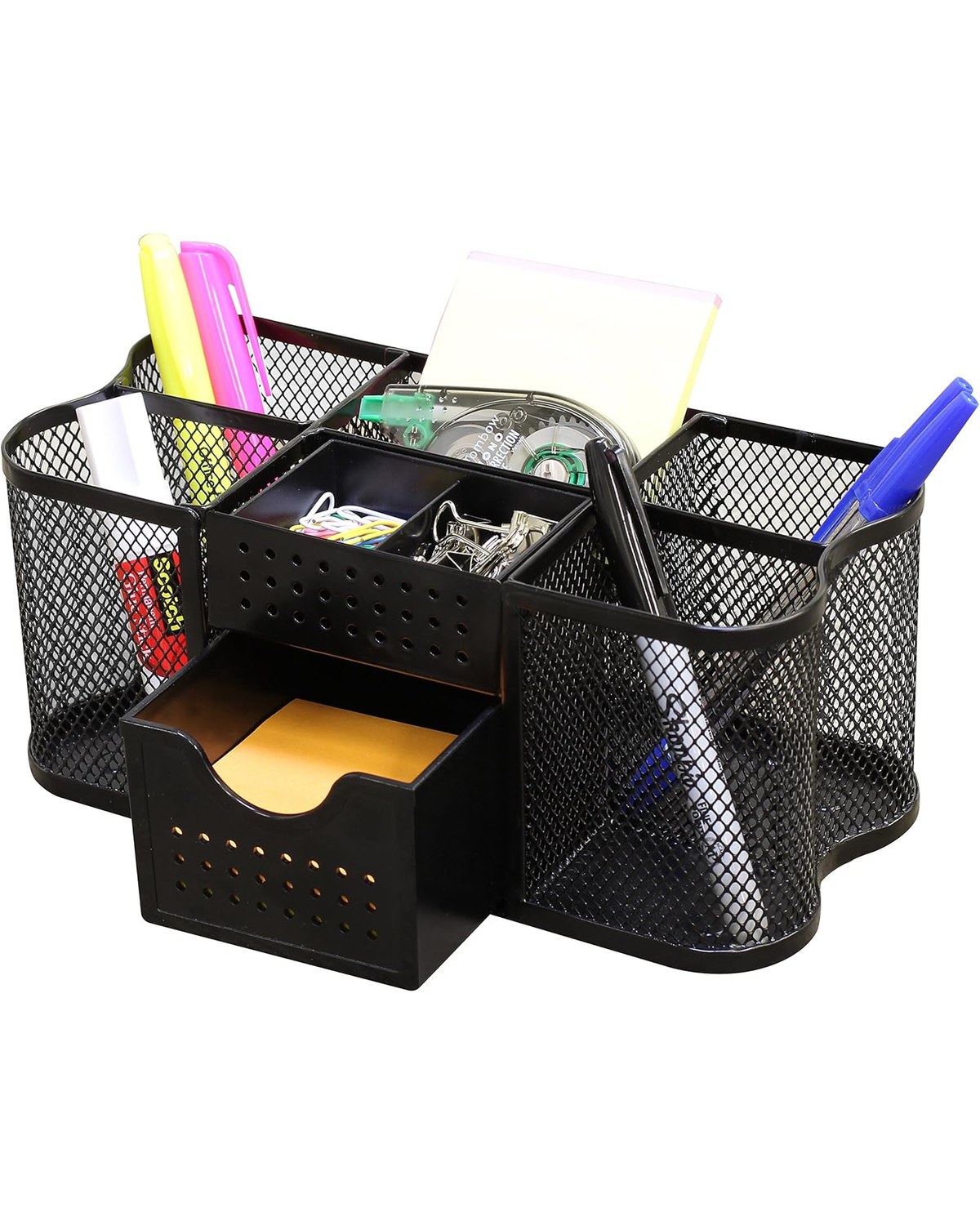 A 5-piece black mesh desk organizer set on a clean student desk — letter tray, pen cup, phone stand, sticky-note holder, and file organizer all matching.