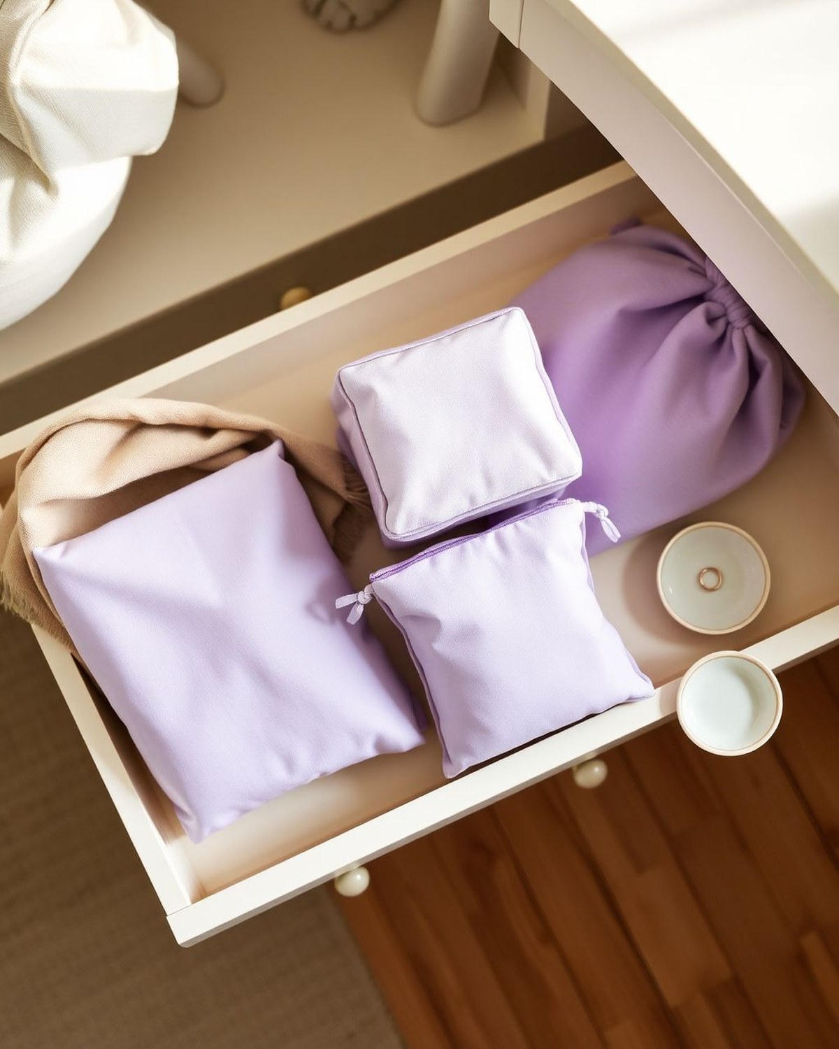 Six lavender 290D fabric packing cubes in graduated sizes plus a matching laundry bag, arranged in a flat-lay shot with mesh top panels visible.