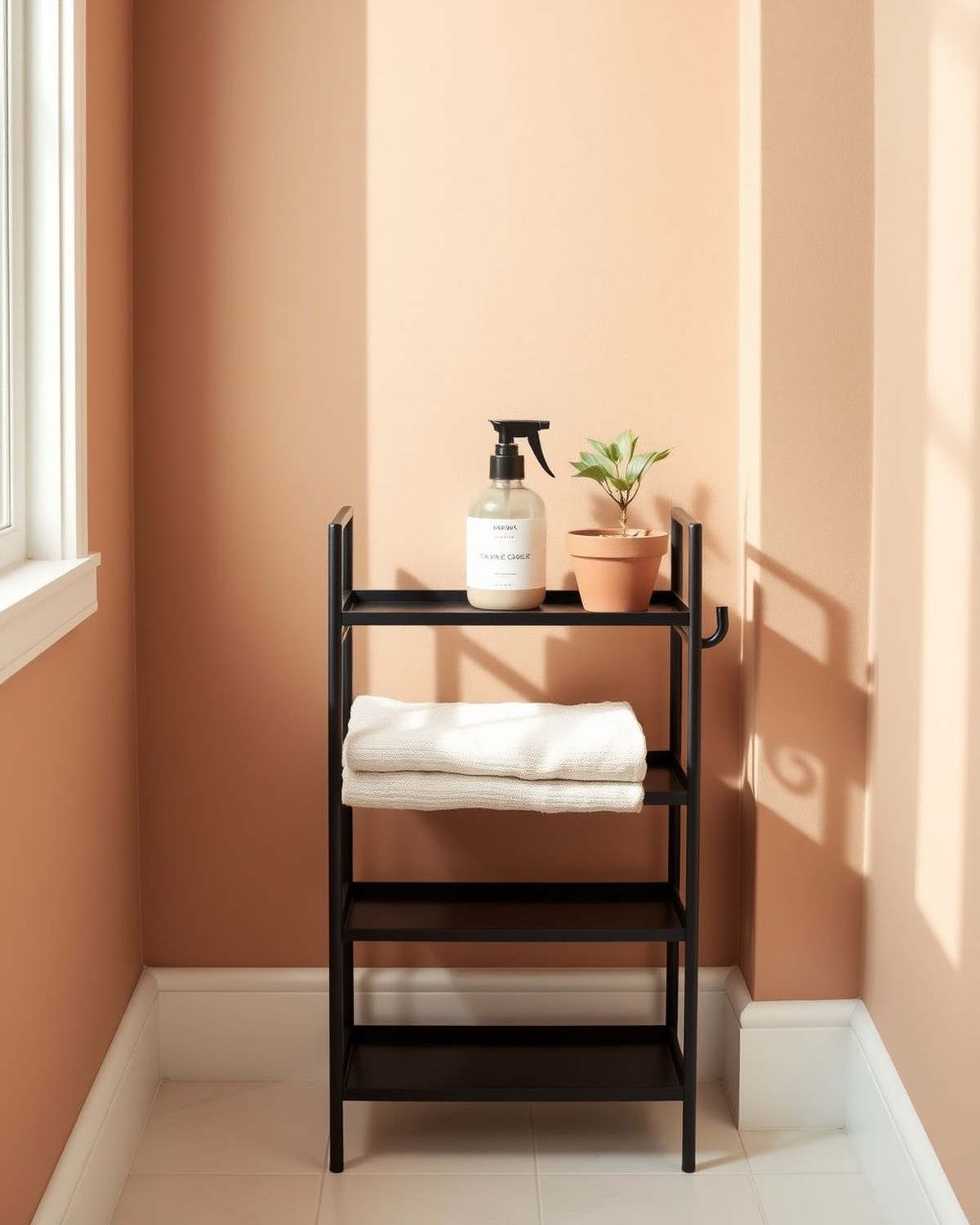 Slim black powder-coated steel freestanding bath caddy with three slanted shelves, two side hooks, on a tile bathroom floor; minimalist Japanese-inspired design.