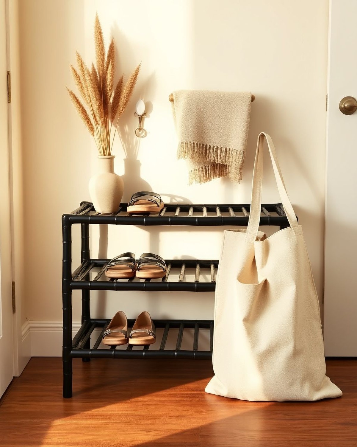 Three-tier ink-black bamboo entryway bench with open shelving underneath, photographed in a styled entryway with shoes on the lower shelves.