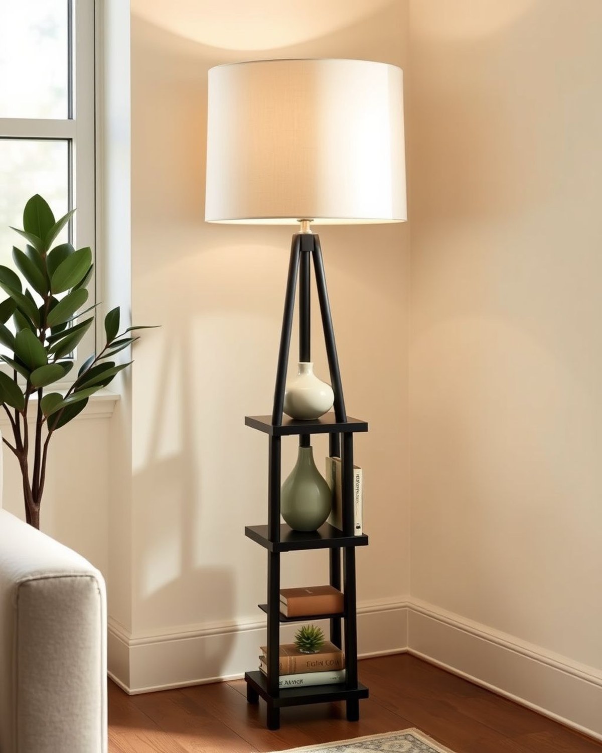 Black 63-inch tall floor lamp with three open square display shelves between the legs, topped by a cream fabric drum shade, photographed in a styled corner of a living room.