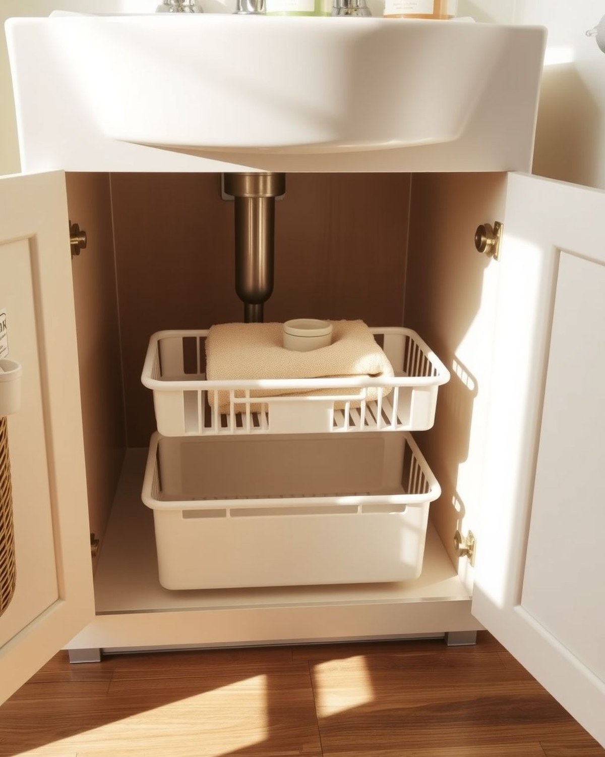 Two-tier frost-finish plastic under-sink organizer with two pull-out sliding baskets and adjustable dividers, shown empty against a clean white backdrop.