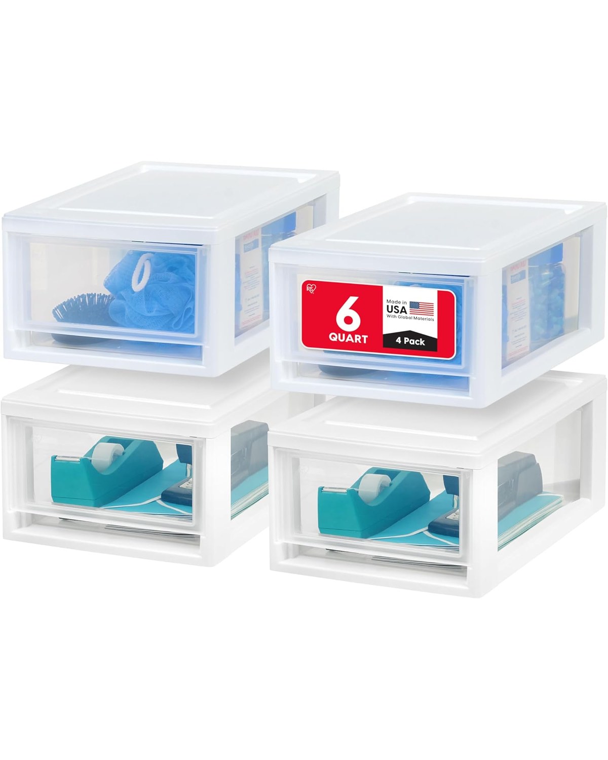 Four small clear stacking drawers on a dorm dresser top, each half-open to show organized toiletries, accessories, and skincare products organized by category.