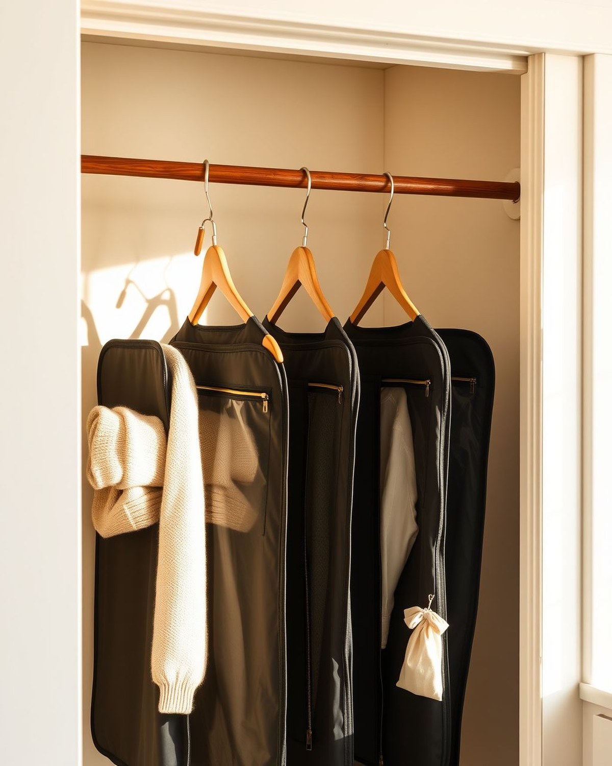 Five black breathable oxford-fabric hanging garment bags with clear viewing windows and metal zippers, shown hanging on a closet rod.