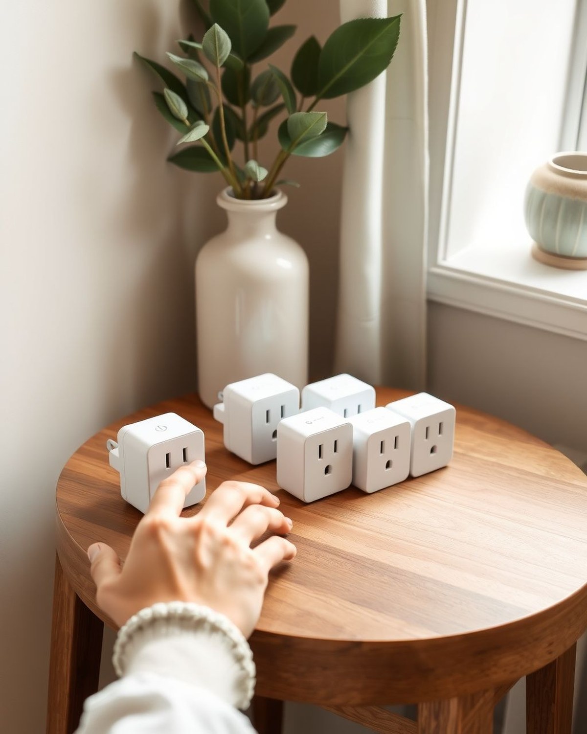 Four white compact Wi-Fi smart plugs arranged in a row, each with a small front-facing power button, photographed on a white background.