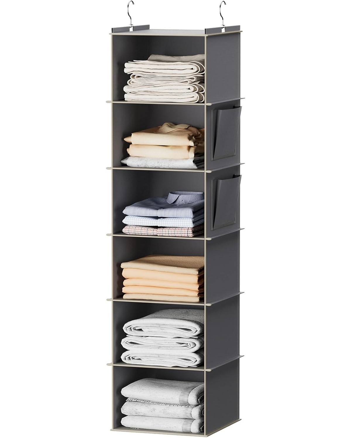 A grey 6-shelf hanging closet organizer attached to a single closet rod in a narrow dorm room closet, each shelf holding folded sweaters, jeans, and extra towels.