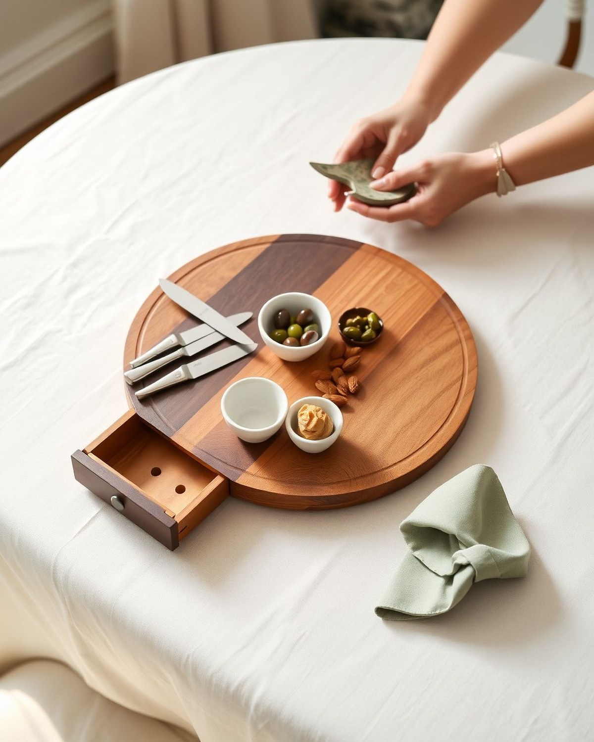Round 13-inch acacia wood charcuterie board with a sliding drawer revealing four stainless-steel cheese knives and four small white ceramic bowls inset into the board surface.