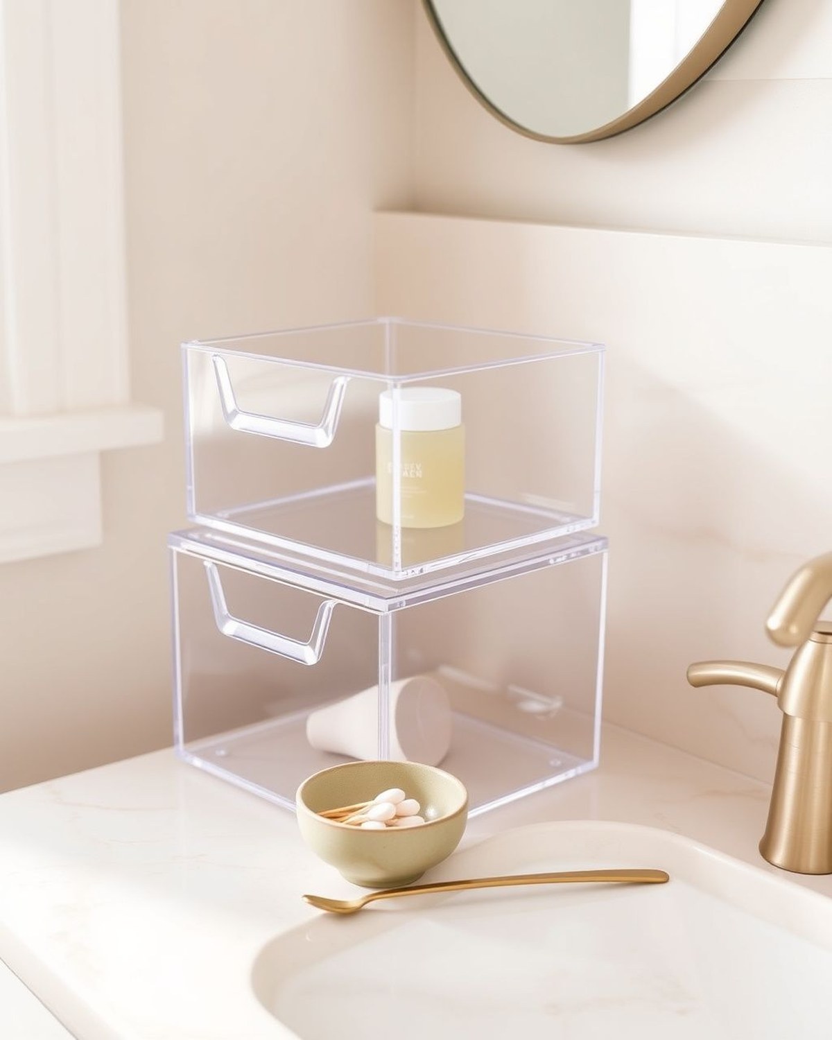 Two stackable clear acrylic single-drawer bins (6.75