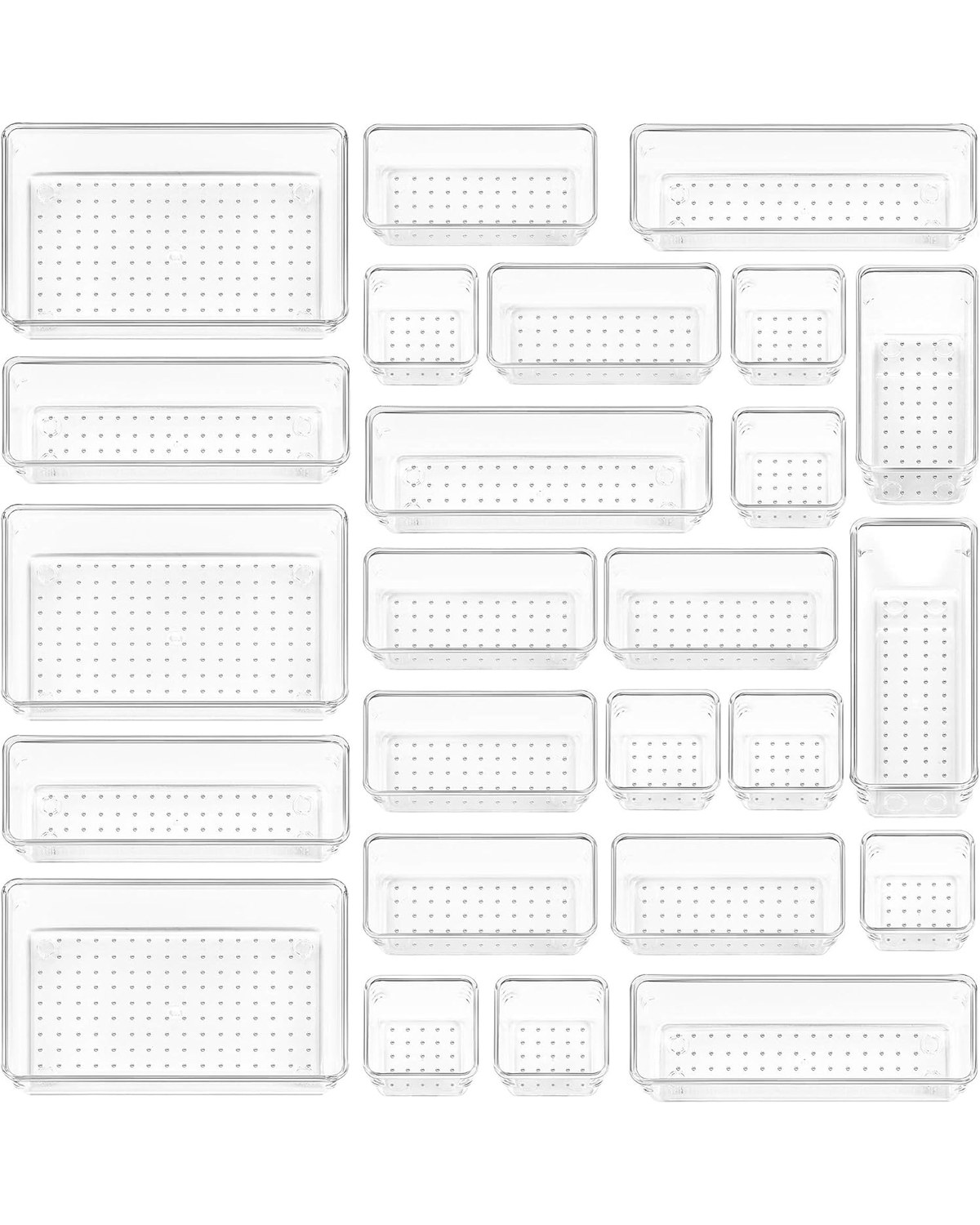 Multiple clear rectangular plastic organizer trays arranged inside an open kitchen drawer, neatly separating cooking utensils, peelers, and spatulas by type.