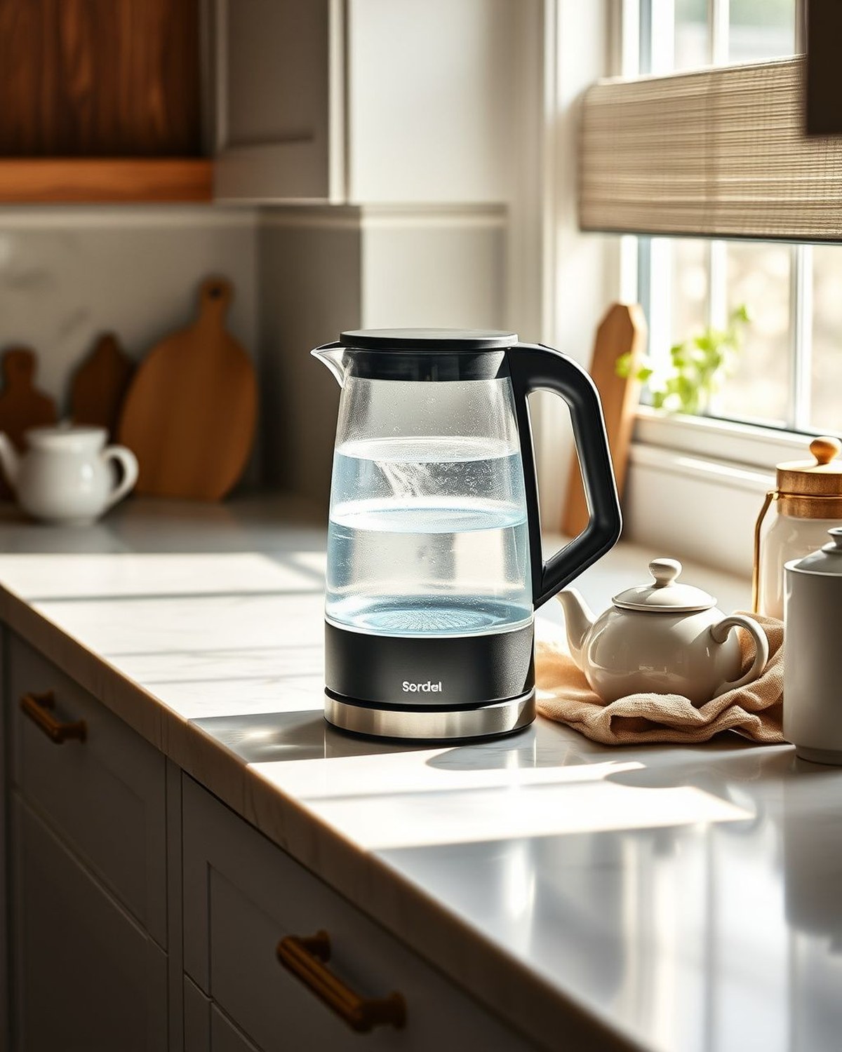 1.7-liter electric glass kettle with black stainless-steel base and handle, illuminated blue LED ring at the base, full of clear water, photographed on a marble countertop.