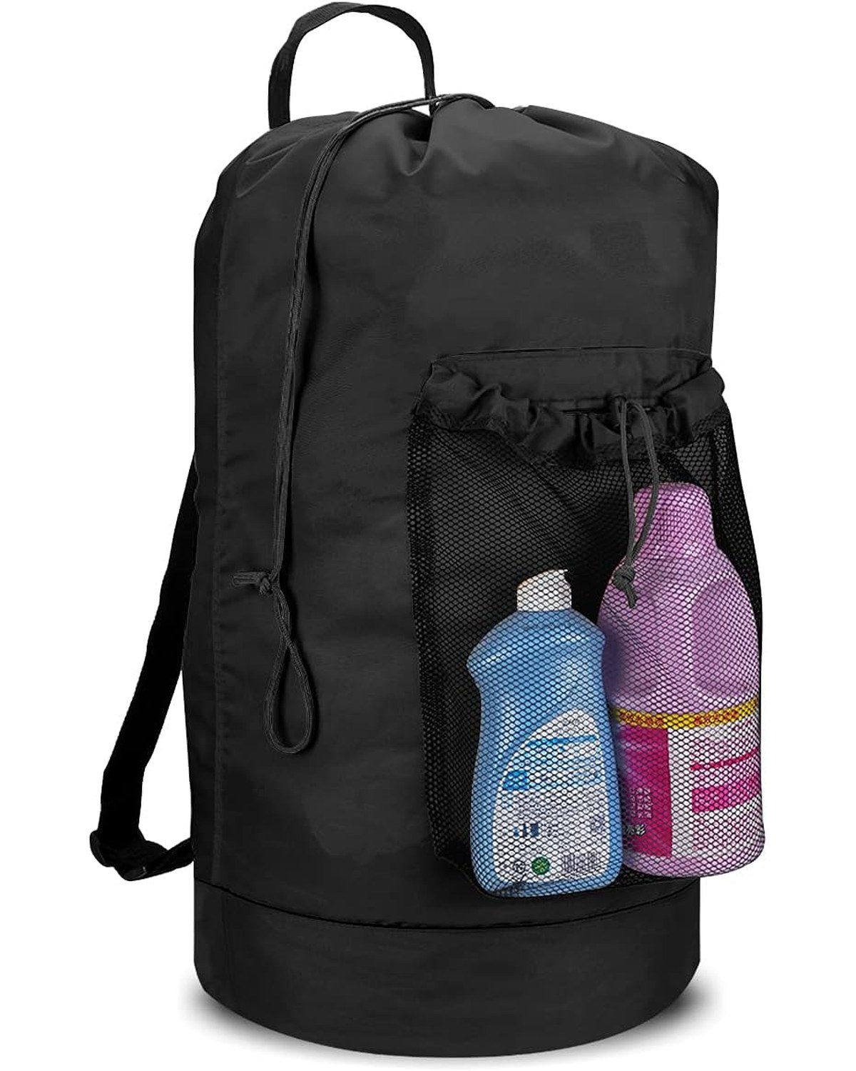 A large vertical laundry bag with a backpack-style strap hanging from a dorm room door hook, inner divider visible through the mesh panel separating darks from lights.