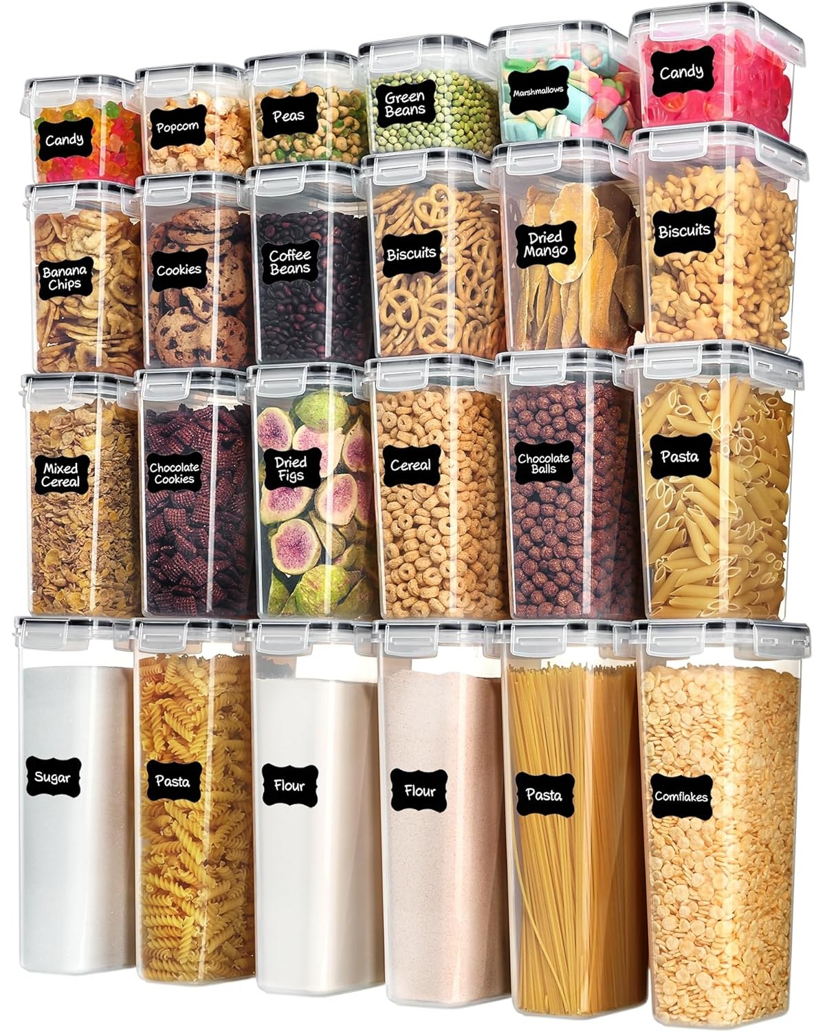 Twenty-four clear airtight containers in graduated sizes arranged on a pantry shelf, each labeled with a chalkboard sticker showing its contents.