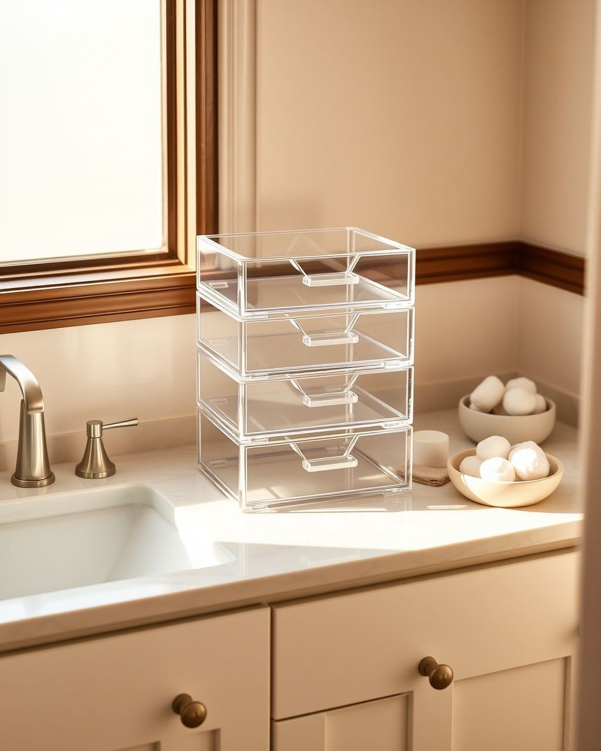 Four clear acrylic stackable drawers with pull-out handles, sized for a bathroom vanity countertop, photographed on a white background.