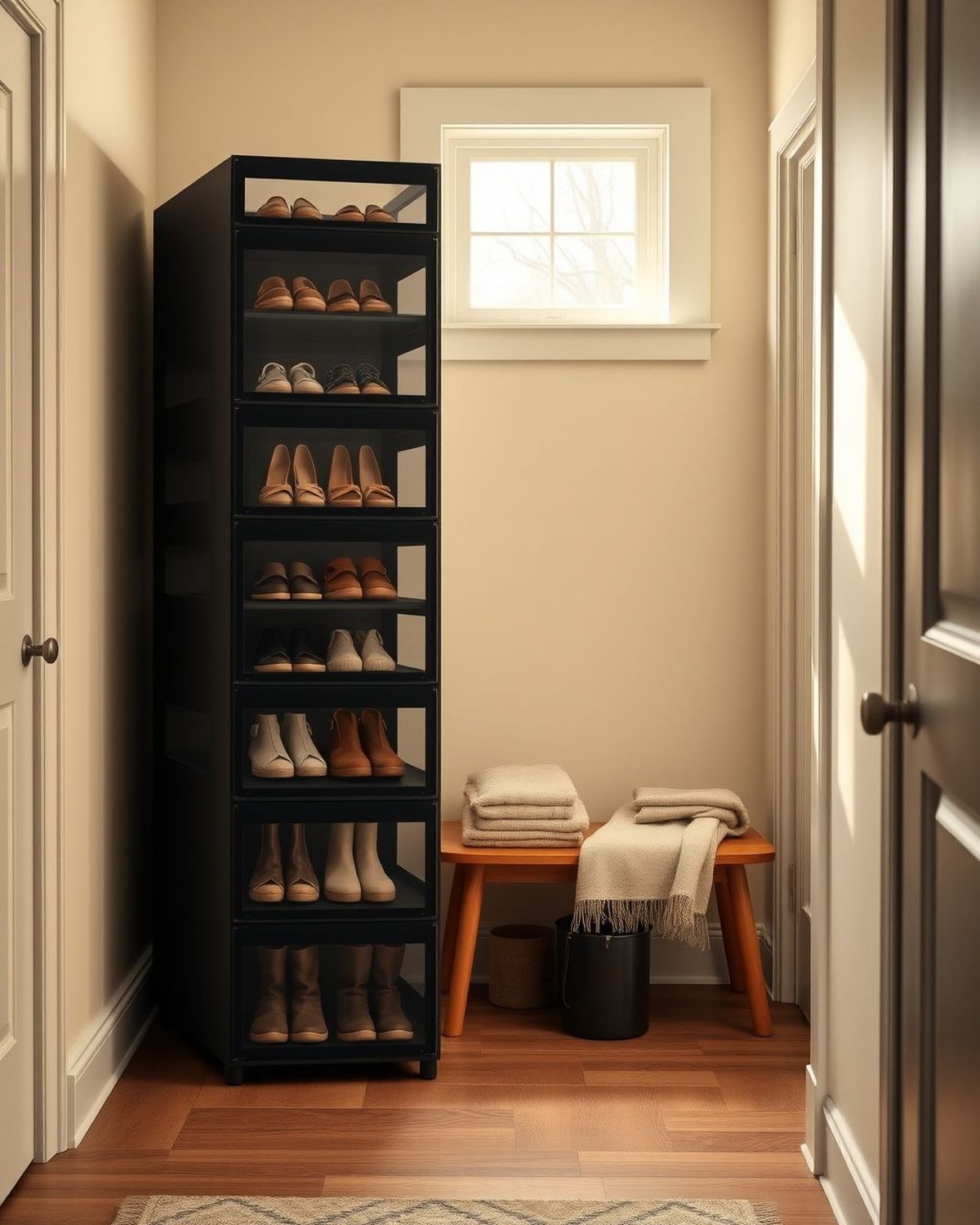 Black-and-clear DIY-assembled 8-cube shoe cabinet with transparent flap doors and side hanging hooks, holding example shoe placement.