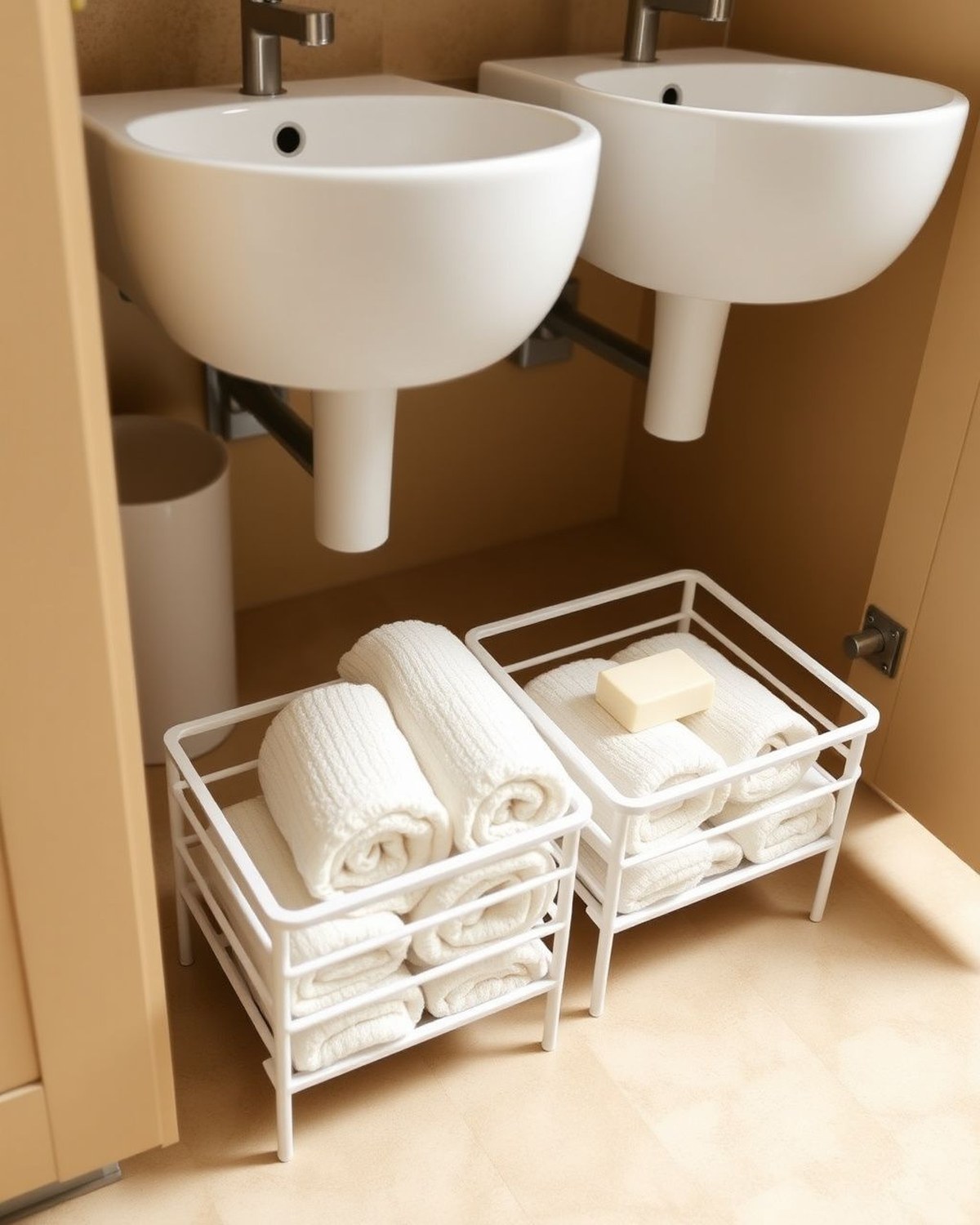 Two stackable white-frame pull-out drawer organizers with four total slide-out drawers and movable acrylic dividers, photographed empty.