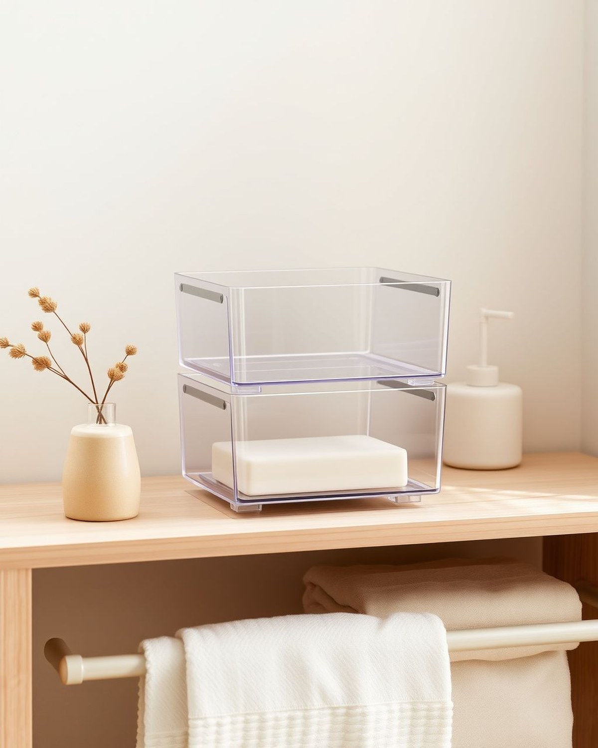 Two clear PET 2-tier pull-out drawer bins connected by stainless-steel rods, sized 11.8