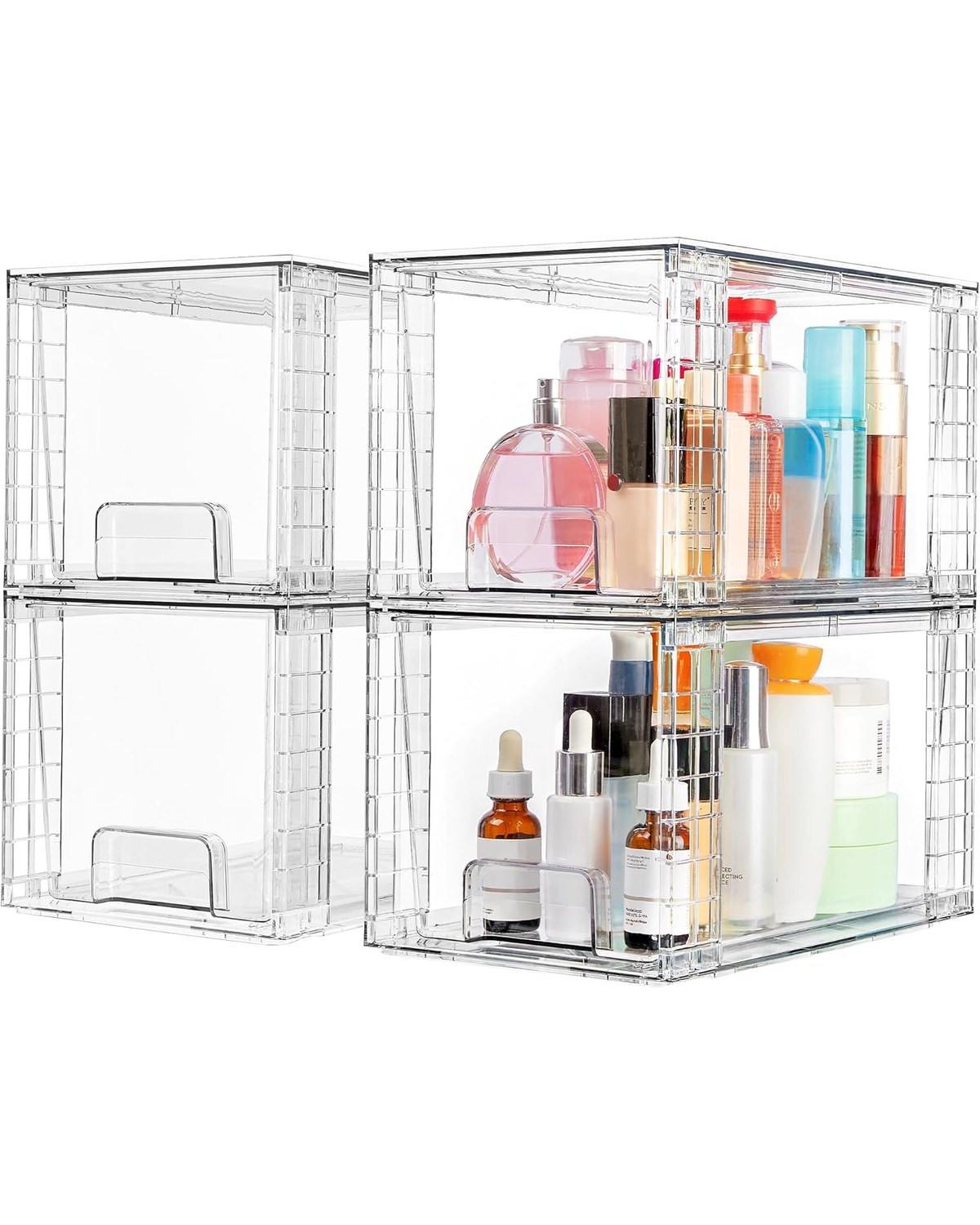 Four clear stackable plastic drawers stacked on a home office shelf, each labeled and holding different office supply categories — printer paper, notebooks, cables, and stationery.