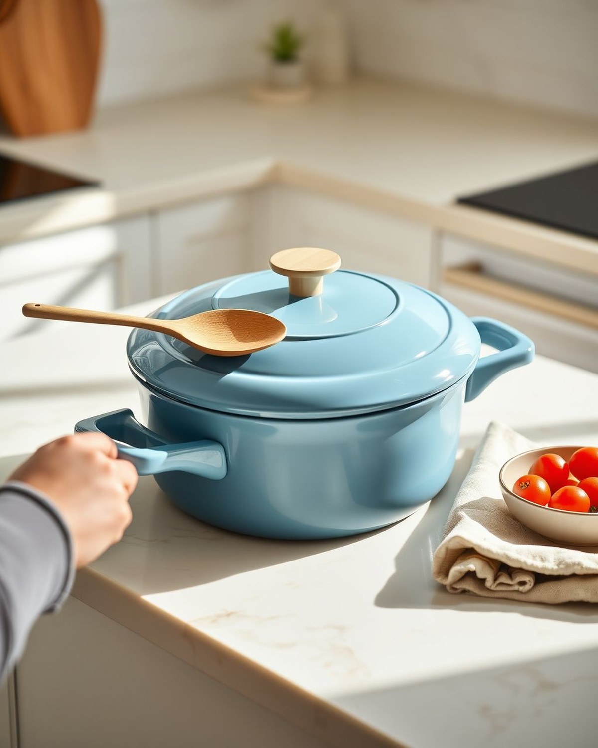 Steam-blue 10.5-inch ceramic Always Pan with modular domed lid, steamer basket, and beechwood spatula nested in the side of the pan, photographed against a clean white background.