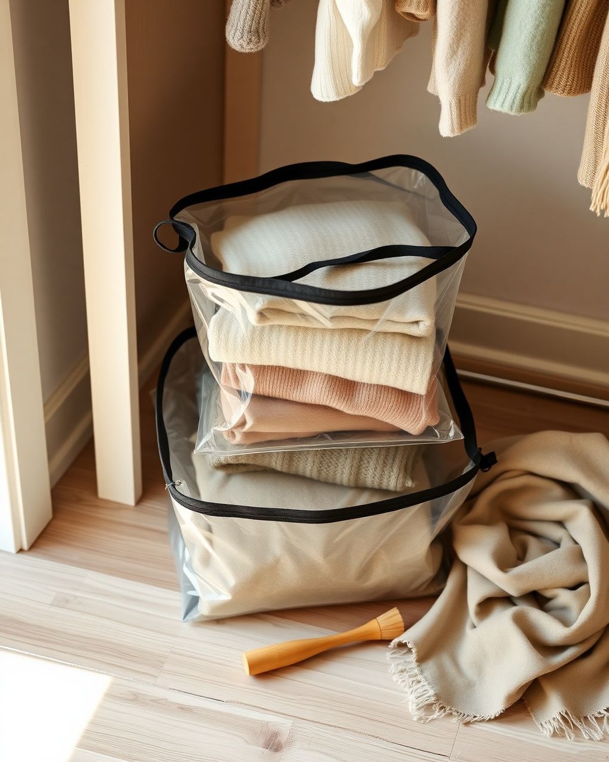 Four transparent PVC zipper storage bags with reinforced black webbing handles, shown stacked and one open displaying folded sweaters.
