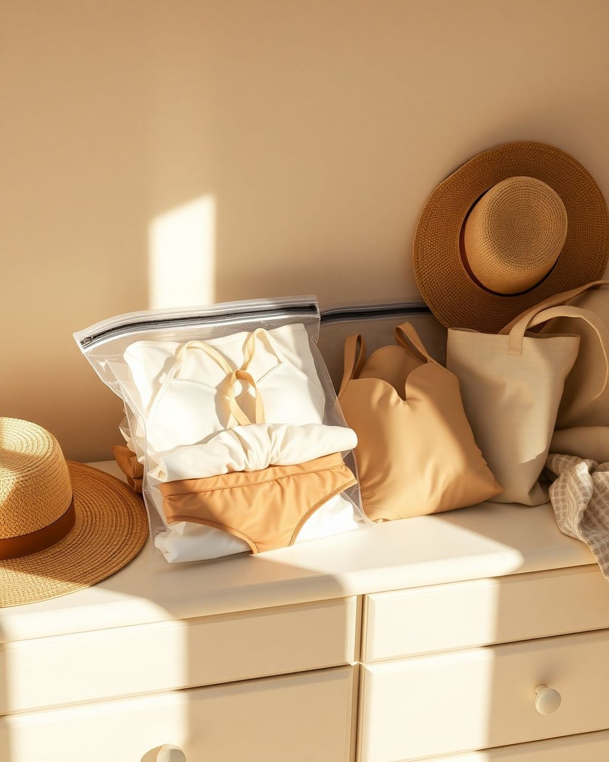 Ten clear waterproof TPU zipper bags arranged in two rows of five on a white surface, each sized to hold a folded bikini.