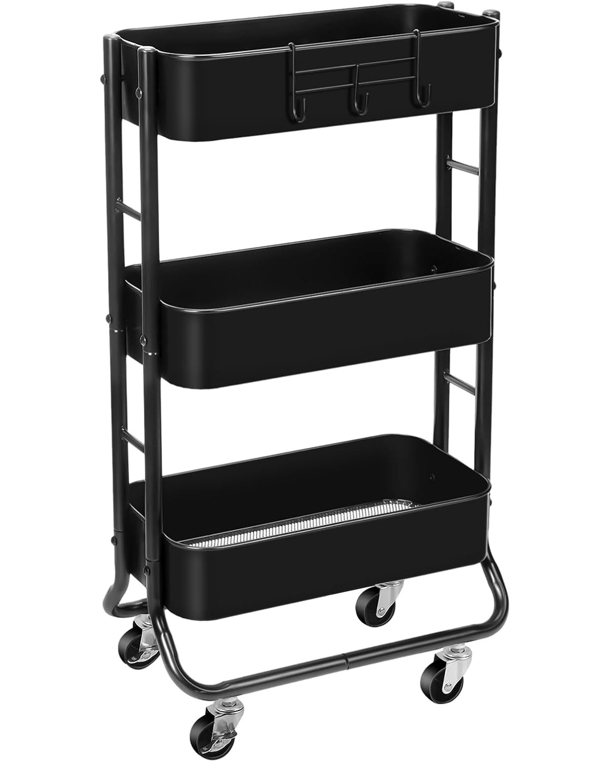 A white slim 3-tier rolling cart tucked between a dorm desk and mini-fridge, top shelf holding skincare products, middle shelf with snacks, bottom shelf with extra supplies.