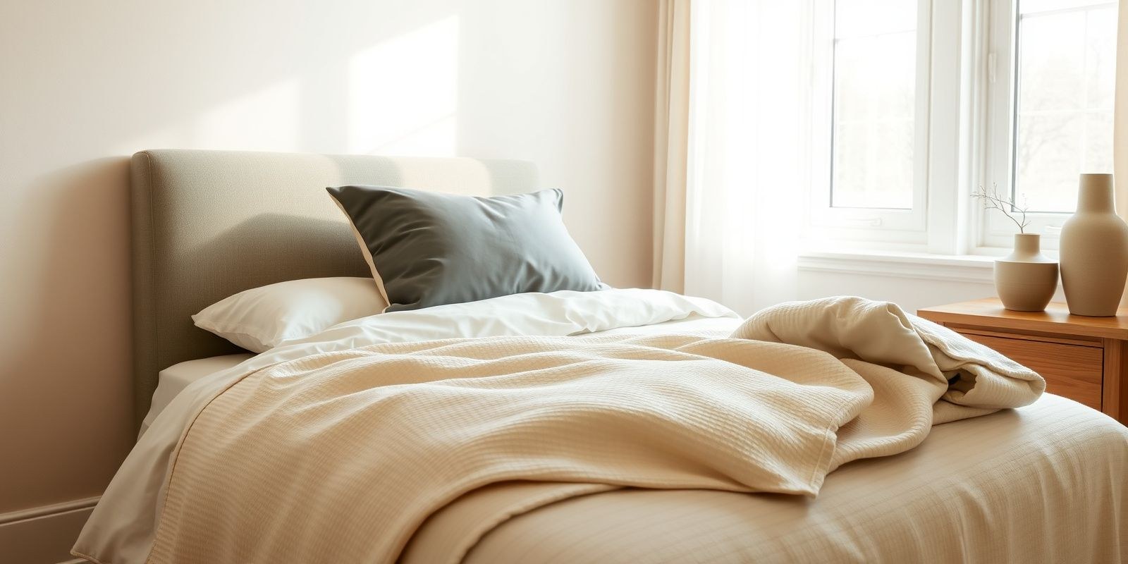 A calm linen-white bedroom in late-afternoon warmth: a cooling waffle blanket folded at the foot of a styled bed, satin pillowcases catching window light, an oak nightstand with a fabric-shade lamp.