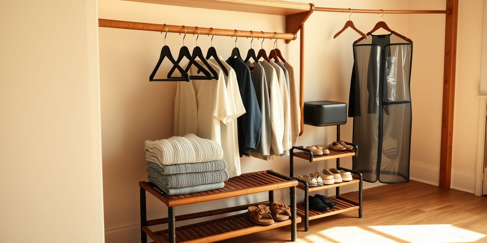 Editorial hero photo for the summer closet rotation collection in a warm cream and walnut palette.