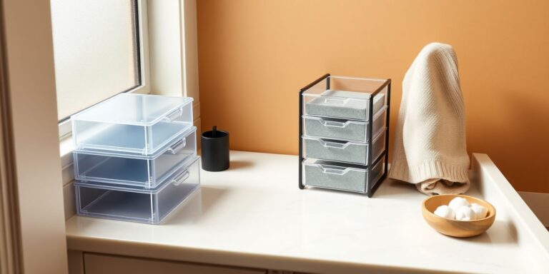 Editorial hero photo for the small bathroom reset collection in a warm cream and walnut palette.