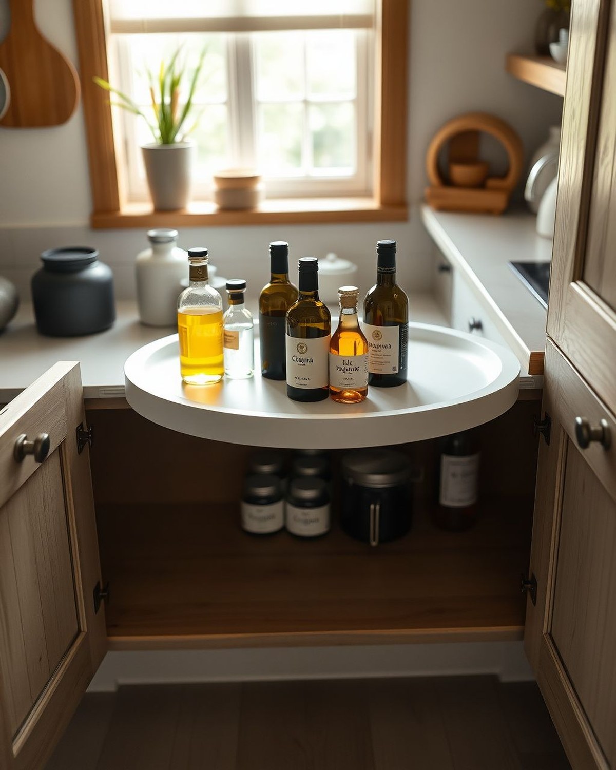 A round white non-skid turntable holding bottles and jars inside a cabinet.
