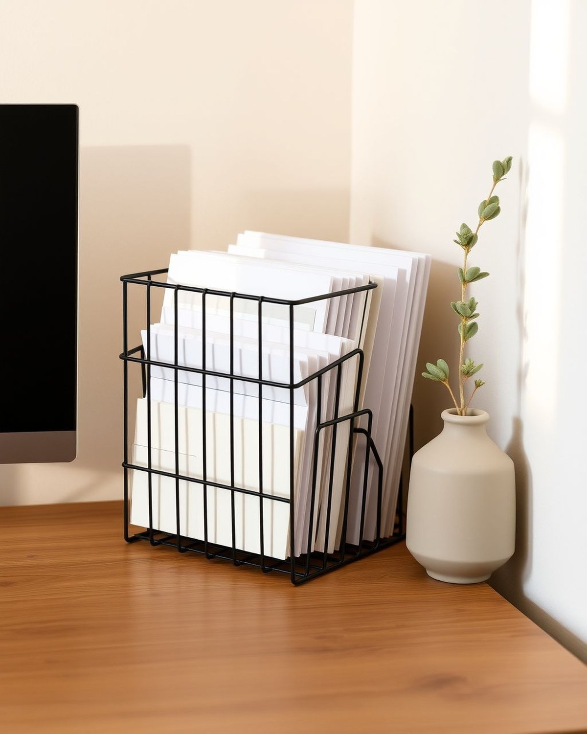A black powder-coated wire caddy with eight angled compartments holding mail, notepads, and folders upright on a desk corner.