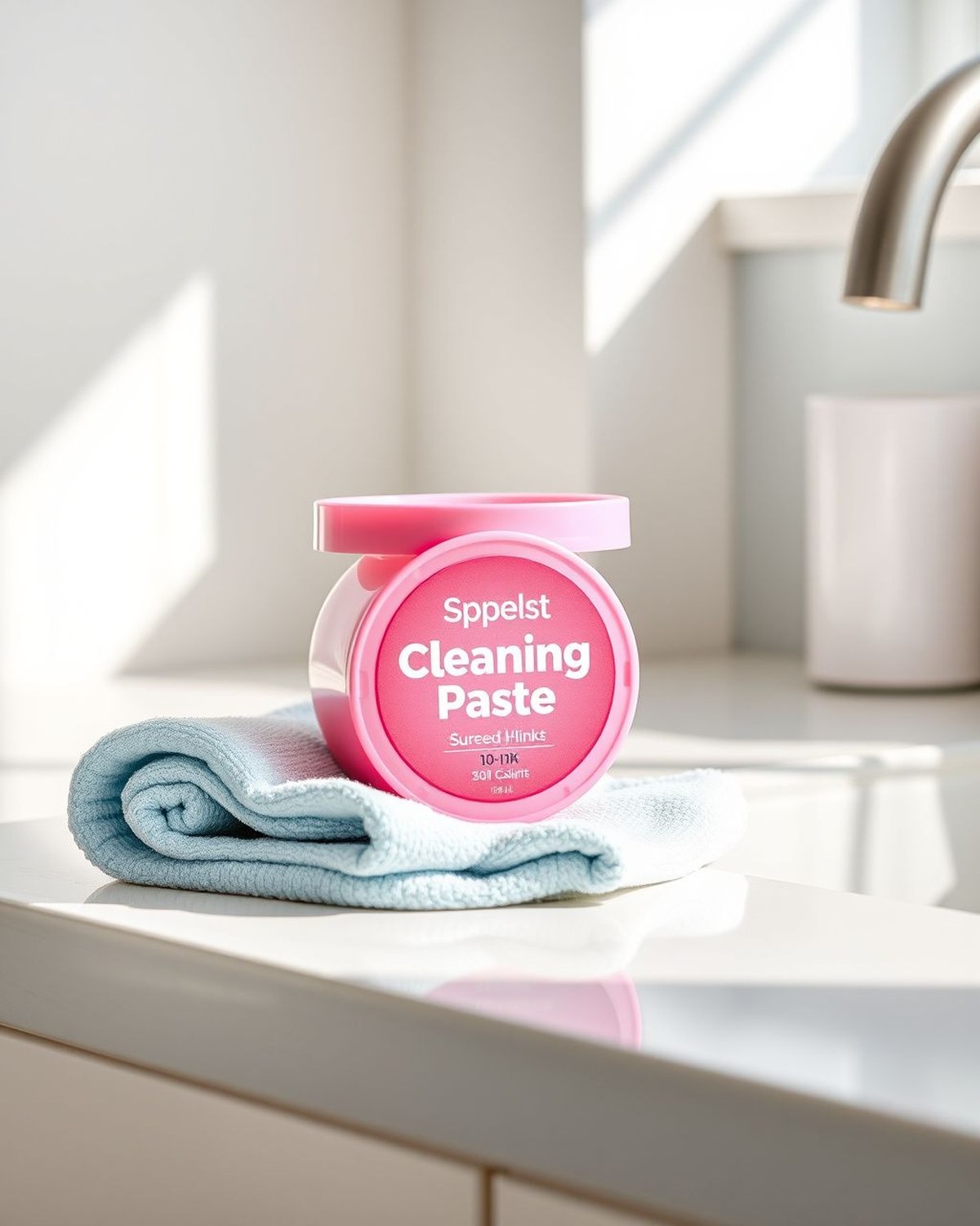 A pink tub of multi-purpose cleaning paste with a cleaning cloth beside a shined surface.