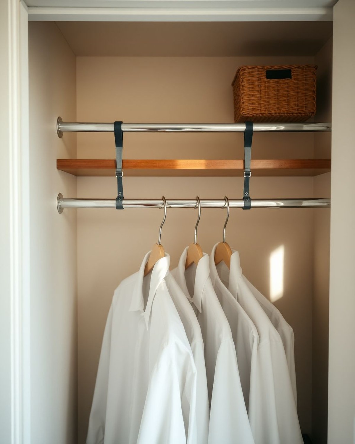 A chrome rod that hangs from the existing closet rod on two adjustable straps, creating a second lower hanging tier of shirts beneath the top row.