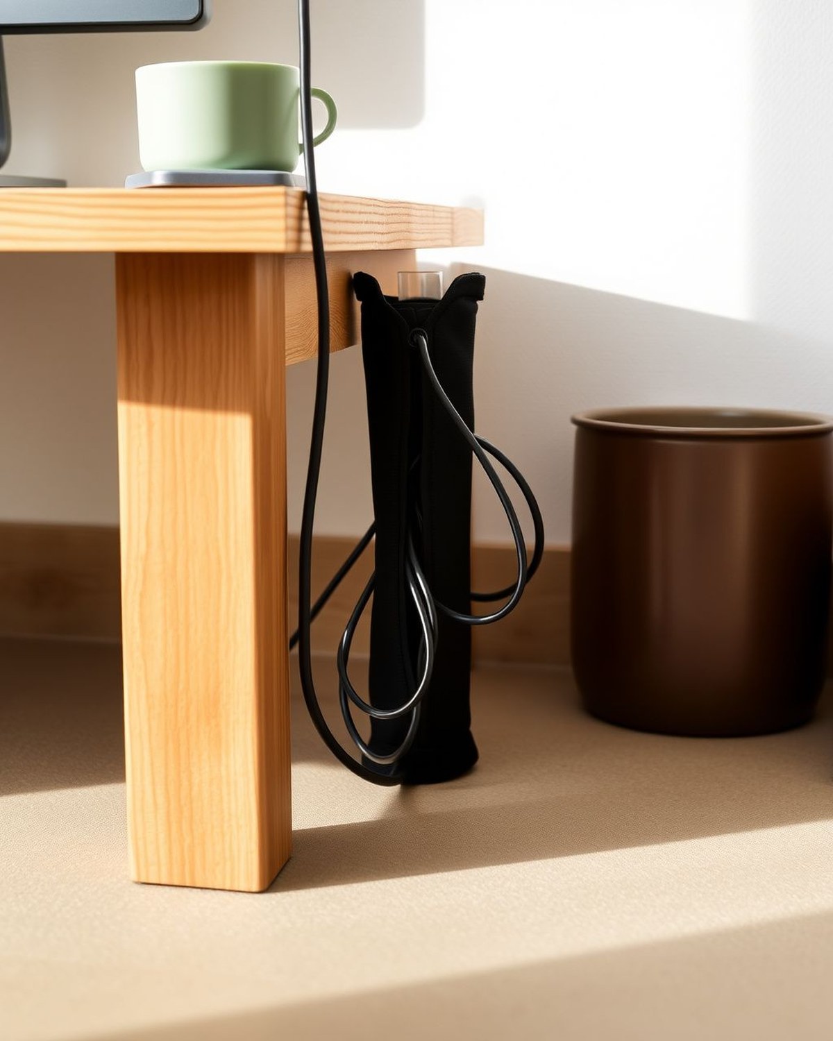 Four black neoprene zip-up cable sleeves, one bundling a tangle of cords into a single clean tube beside a desk leg.