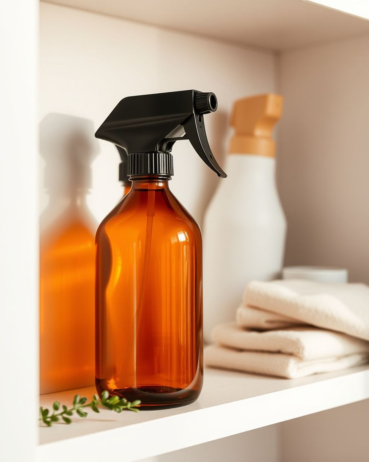 Two amber glass spray bottles with black trigger sprayers.