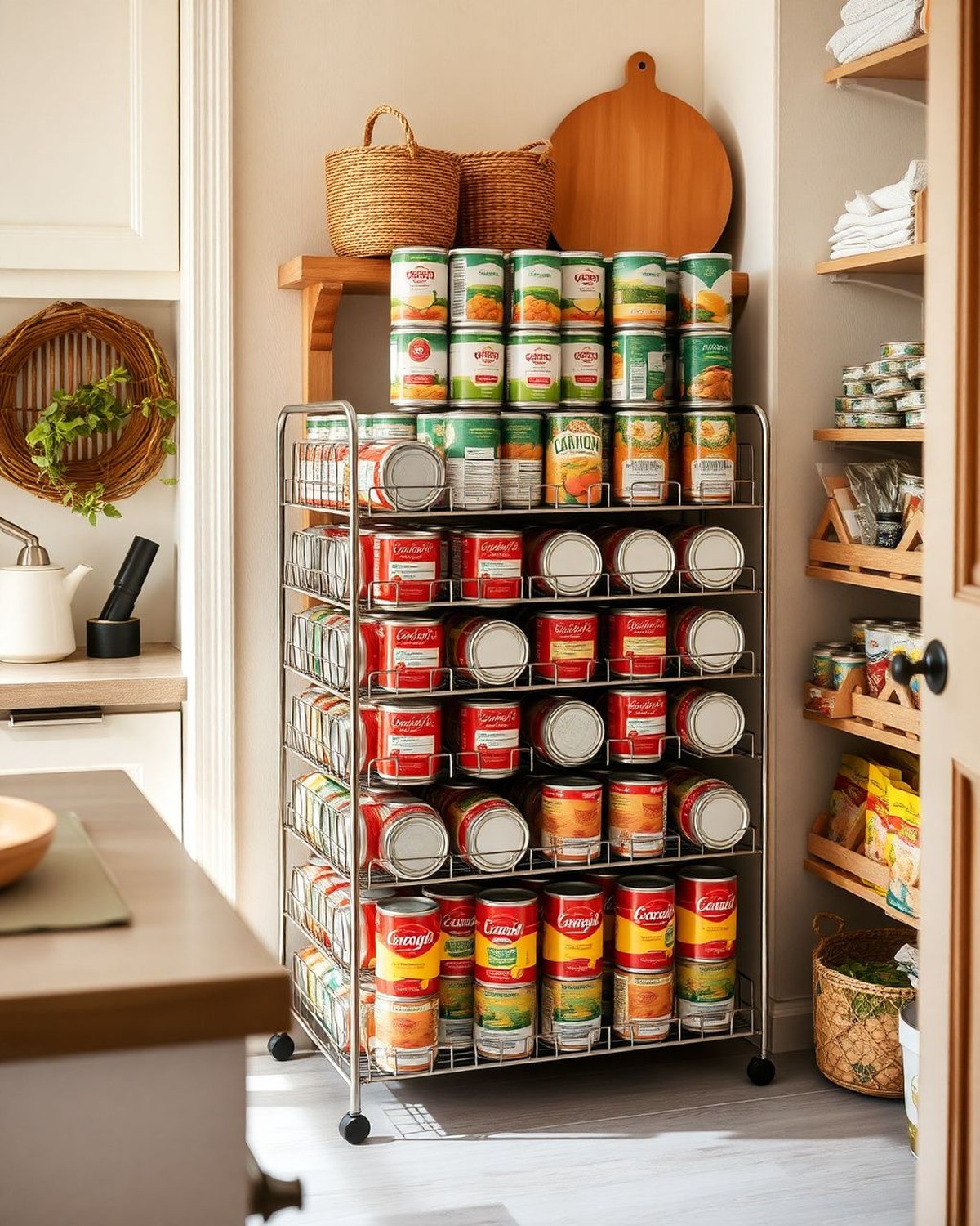 A stackable wire rack holding rows of canned goods in a gravity-feed pantry layout.