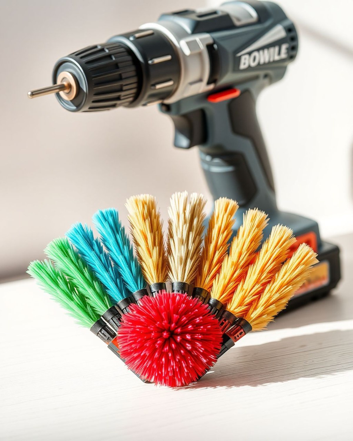 A set of colored bristle drill-brush attachments fanned out next to a power drill.
