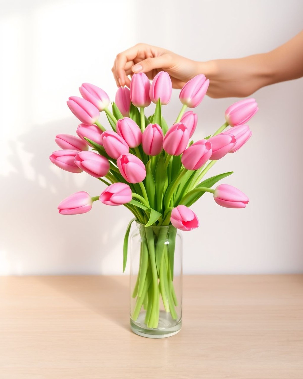 A loose bouquet of ten real-touch faux tulips with soft pink petals and bendable green stems, gathered as if just dropped into a vase.