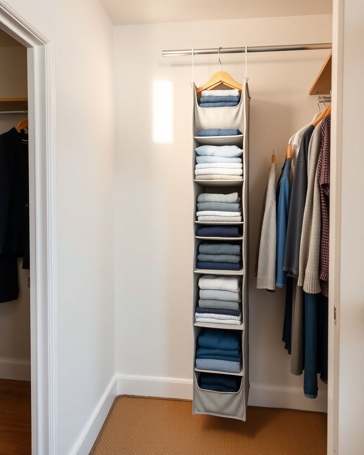 A tall gray fabric 5-tier hanging organizer suspended from a closet rod, each open shelf holding folded jeans, sweaters, and bags down a vertical column.