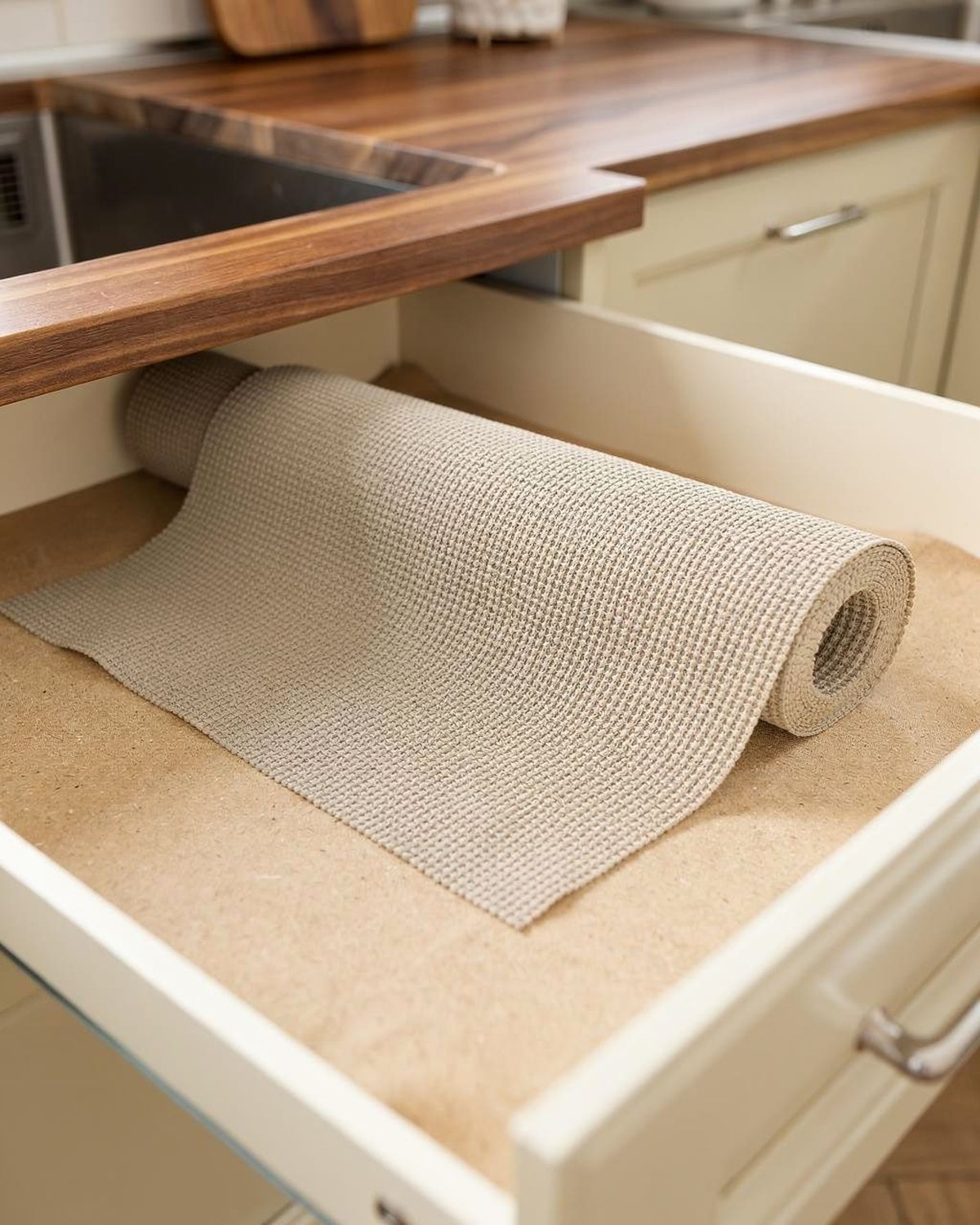 A roll of thick beige non-adhesive grip liner partially unrolled across an open drawer.